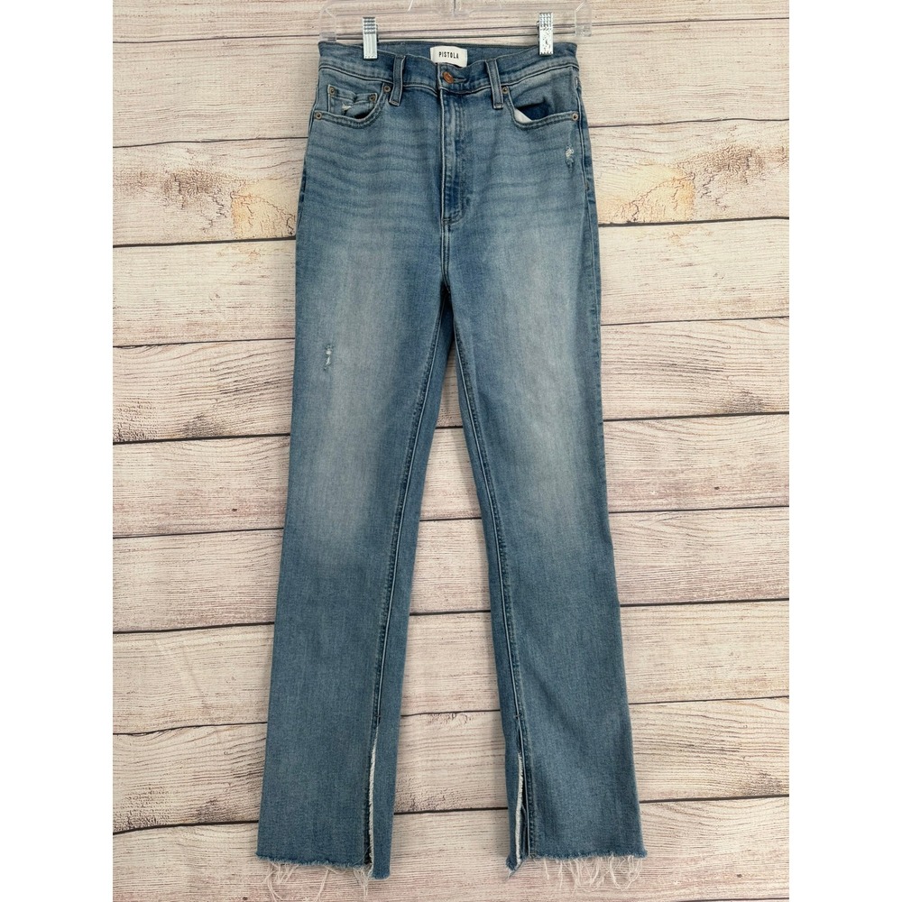 Pistola Tower Jean Women 27 Blue High Rise Straight Side Slit Raw Hem Distressed